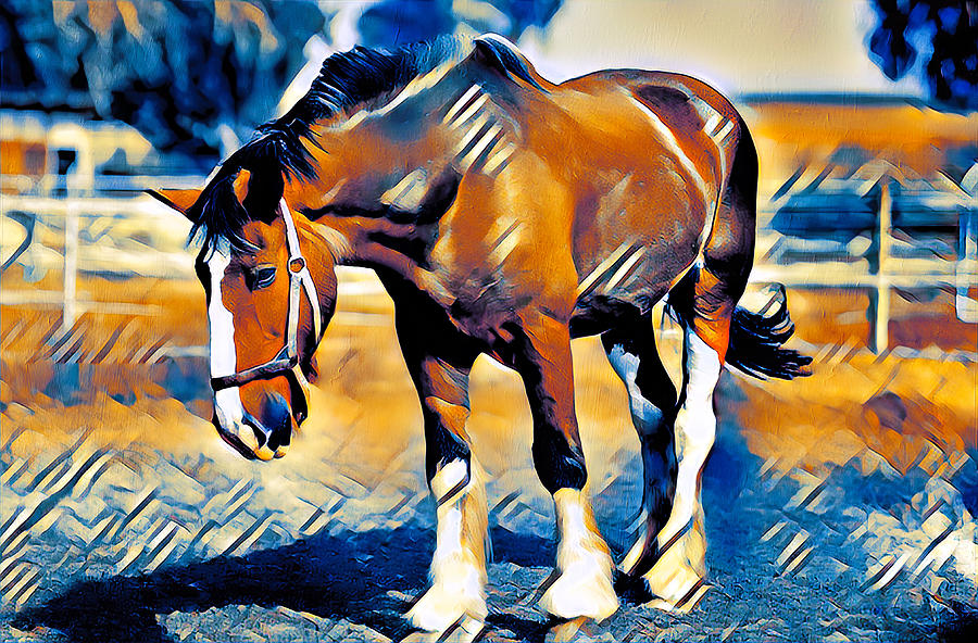Brown shire horse outside - digital painting with dark blue and light brown color palette Digital Art by Nicko Prints