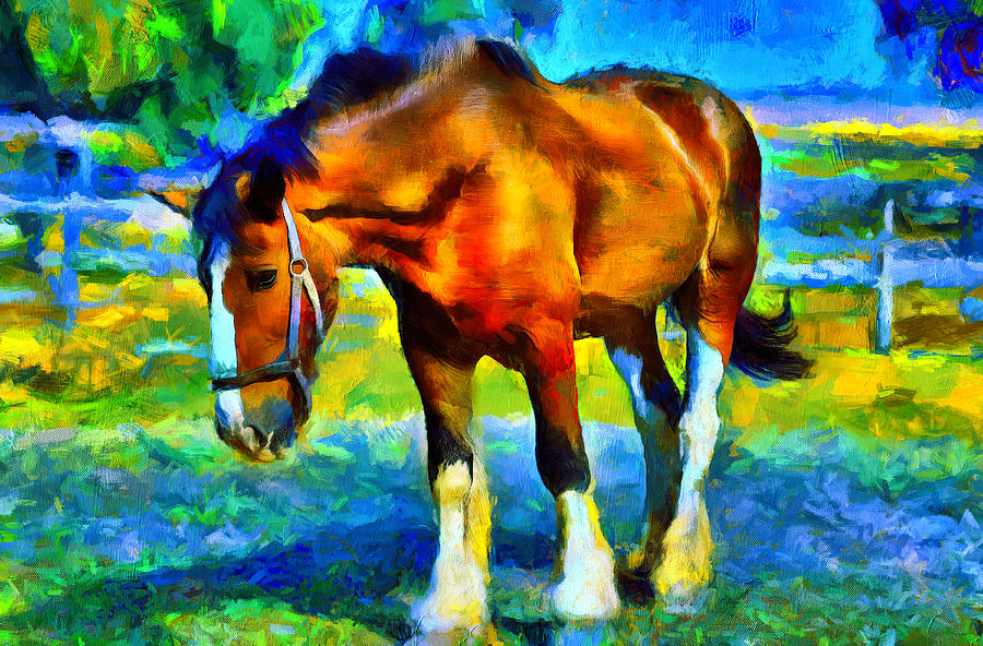 Brown shire horse outside, on a colorful blue and green background Digital Art by Nicko Prints