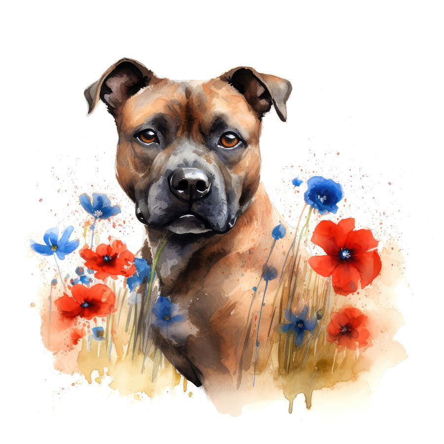 Portrait of Brown Staffordshire Terrier dog sitting in a field of wildflowers Digital Art by Carl H Payne