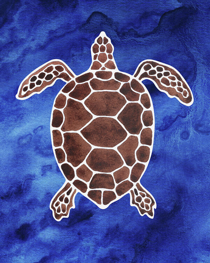 Brown Turtle Deep Blue Sea Watercolor Painting