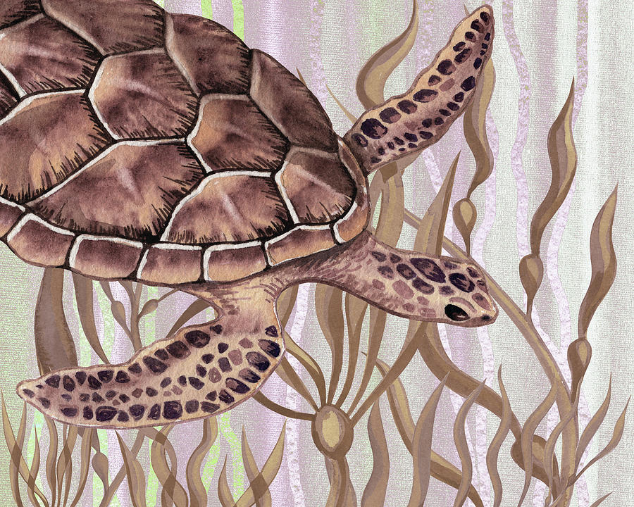 Brown Turtle Swim Down The Stream Watercolor Beach Life Art  Painting by Irina Sztukowski