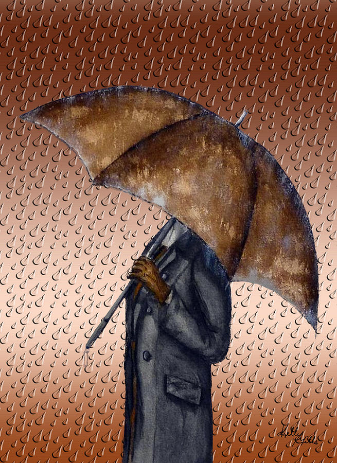 Brown Umbrella and Raindrops Painting by Kelly Mills