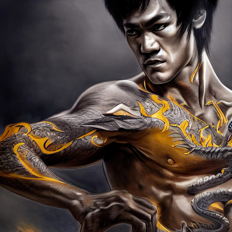 Bruce Lee With Dragon Chest Tattoo In Fighting Stance Feudal Japan ...