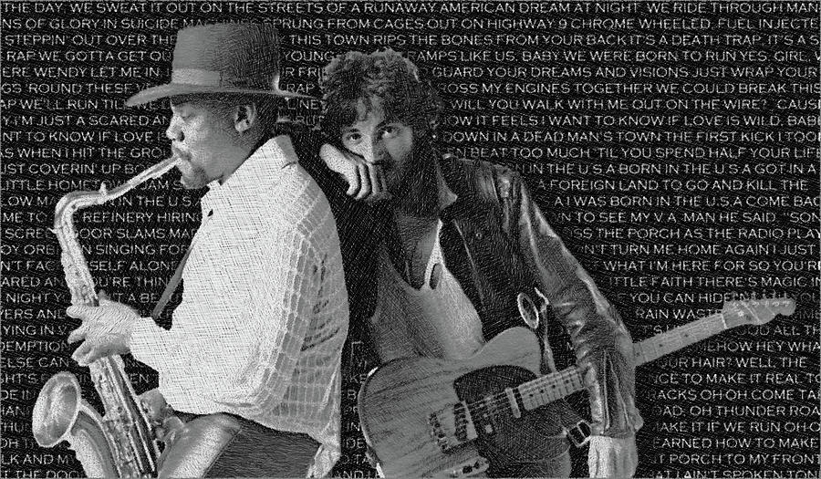 Bruce Springsteen And Clarence Clemons And Lyrics Painting by Tony Rubino