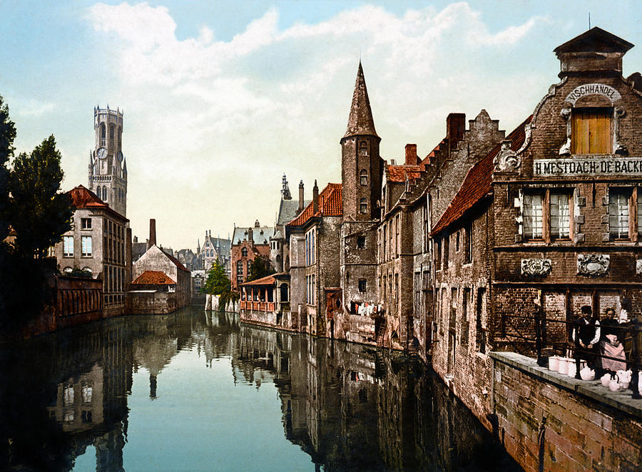  Bruges Belgium - Canal And Belfry - Circa 1900 Photocrom  Photograph by War Is Hell Store
