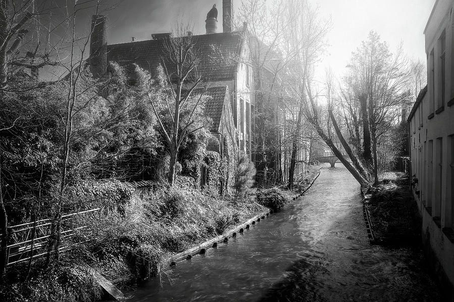 Bruges Belgium European Canal Scenes Black and White  Photograph by Carol Japp