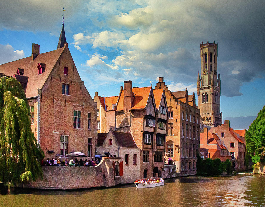 Bruges Canal and Belfry Tower Dry Brush on Sandstone Digital Art by Ron Long Ltd Photography