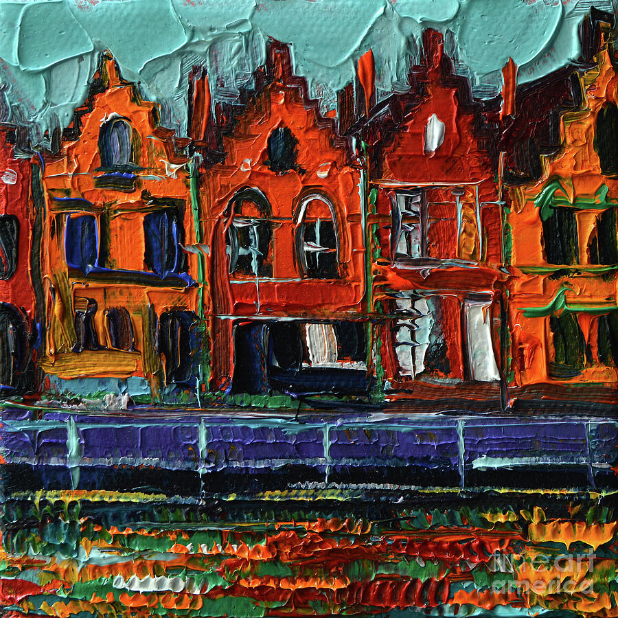 BRUGES COLORFUL FACADES mini oil painting on 3D canvas  Painting by Mona Edulesco