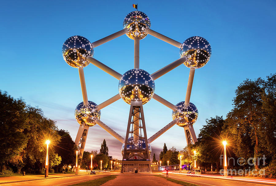 Architecture Photograph - Brussels atomium at night by Neale And Judith Clark