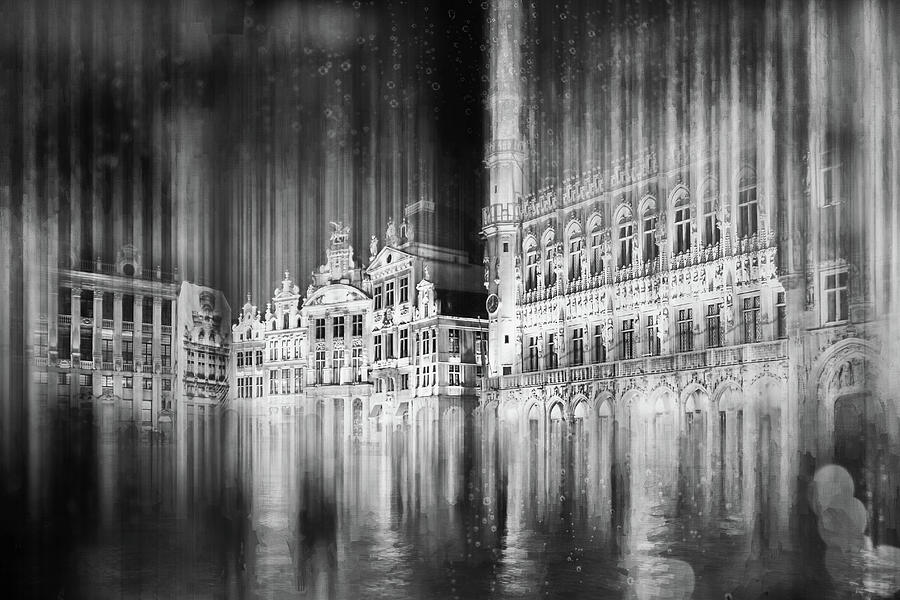 Architecture Photograph - Brussels Grand Place by Night Black and White  by Carol Japp