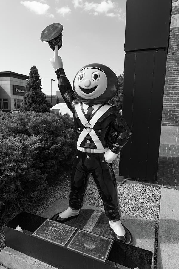 Brutus Buckeye statue at Ohio State University in black and white Photograph by Eldon McGraw