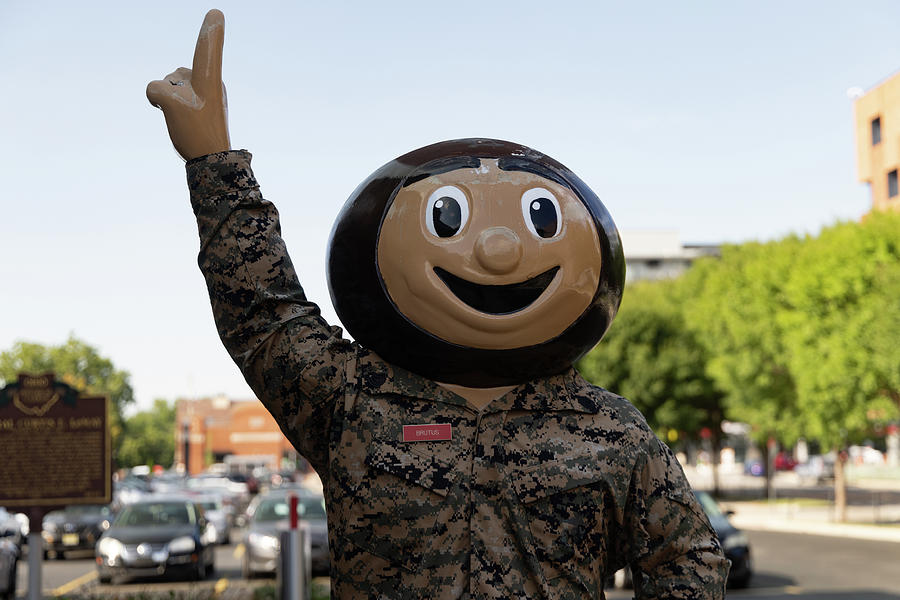 Brutus Buckeye statue in military fatigues at Ohio State University Photograph by Eldon McGraw