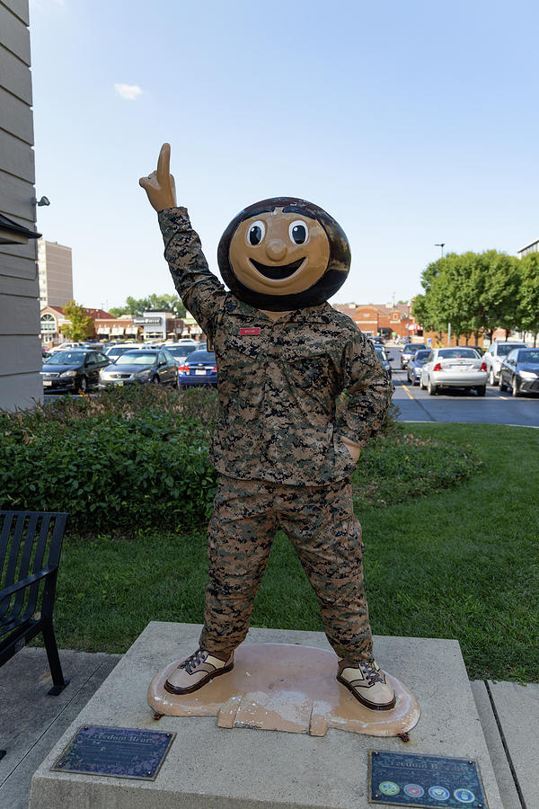 Brutus Bukeye statue in army fatigues at Ohio State University  Photograph by Eldon McGraw