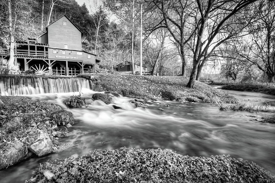Bryant Creek Waters At The Old Hodgson Mill - Black And White Photograph by Gregory Ballos