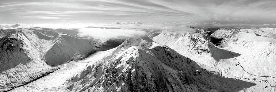 Buachaille Etive Mor Stob Dearg mountain aerial Glencoe Scotland black and white Photograph by Sonny Ryse
