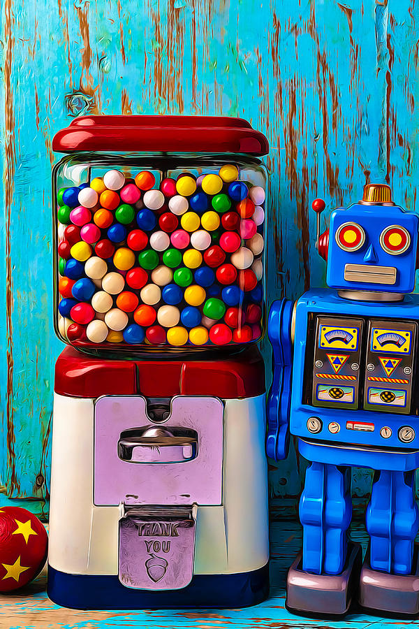 Candy Photograph - Bubblegum Machine And Blue Robot by Garry Gay