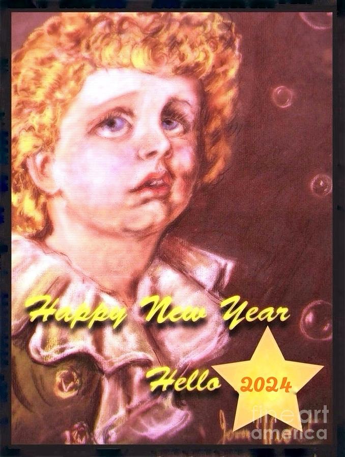 Bubbles Portrait New Year Greeting  2 Pastel by Joan-Violet Stretch