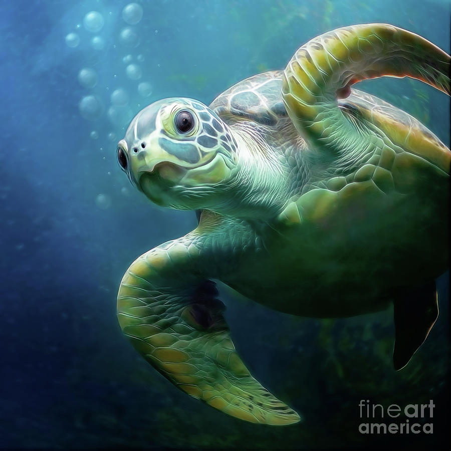 Nature Painting - Bubbles The Cute Sea Turtle by Silvio Schoisswohl