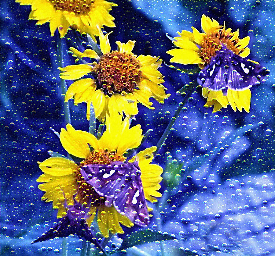 Bubbly Yellow Flowers With Butterflies Mixed Media