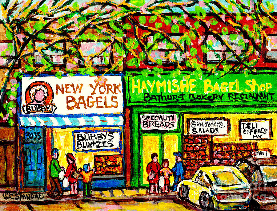 Bubbys New York Bagels Bathurst Haymishe Bagel Bakery C Spandau Paints Toronto Streetscene Deli Art Painting by Carole Spandau