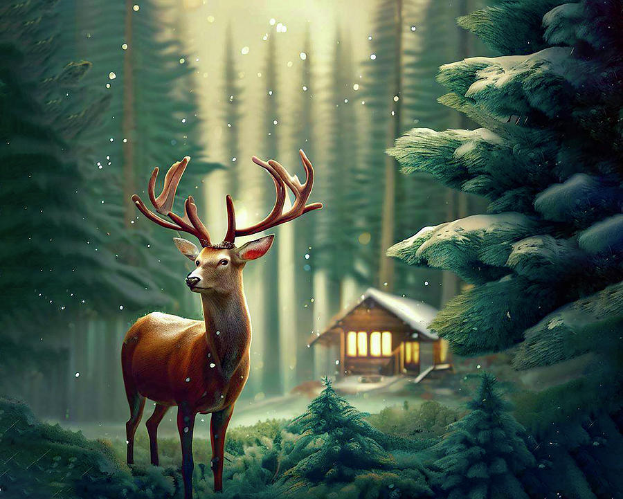 Buck in the Forest in Digital Watercolors Digital Art by Cordia Murphy