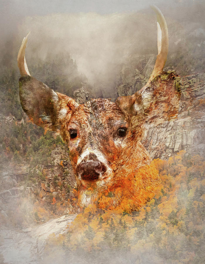 Buck On Autumn Landscape Double Exposure Mixed Media by Dan Sproul