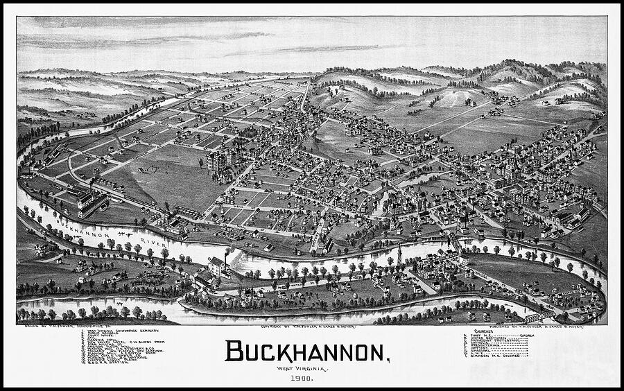 Buckhannon West Virginia Vintage Map Birds Eye View 1900 Black And ...