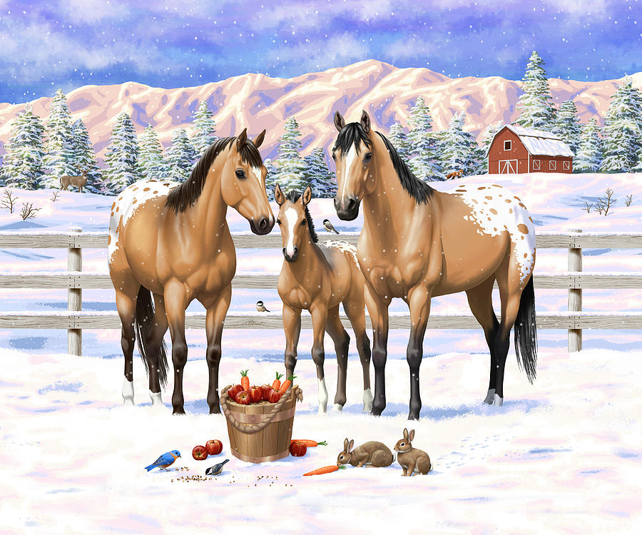 Buckskin Appaloosa Horses In Snow Painting by Crista Forest