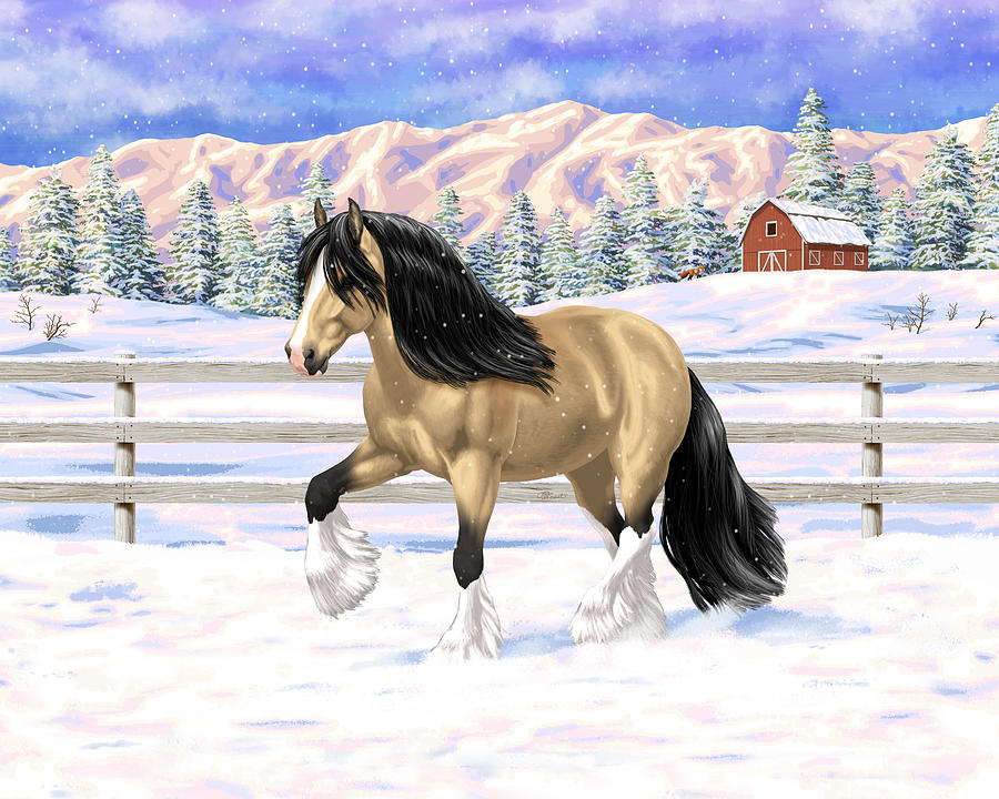 Buckskin Dun Gypsy Vanner Draft Horse in Snow Painting by Crista Forest