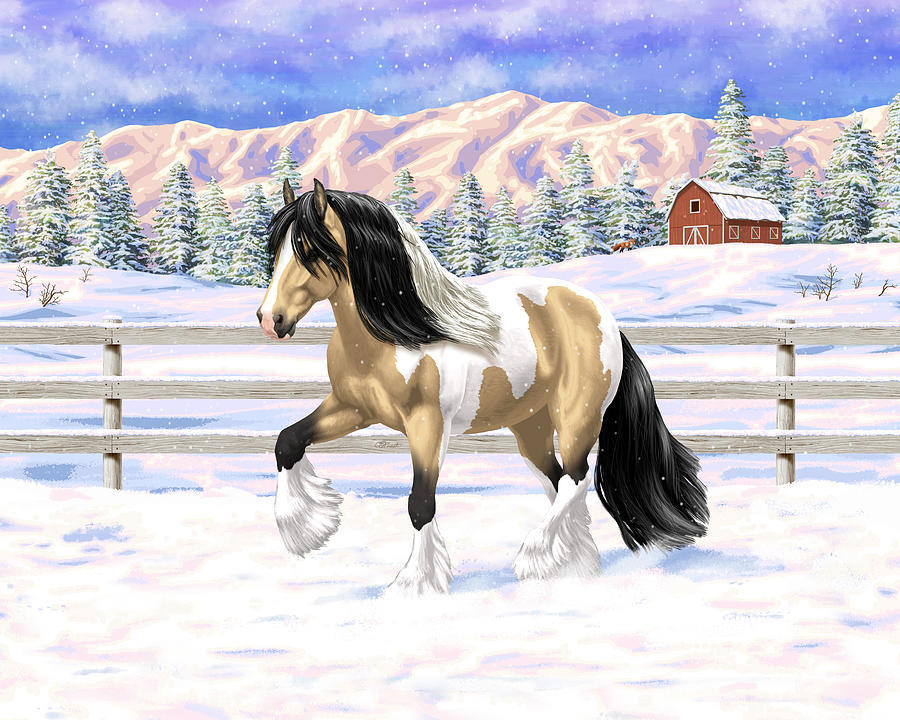 Buckskin Pinto Skewbald Gypsy Vanner Draft Horse in Snow Painting by Crista Forest