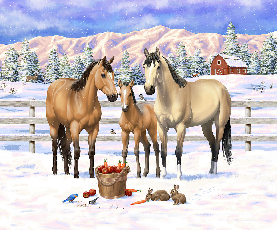 Buckskin Quarter Horses In Snow Painting by Crista Forest