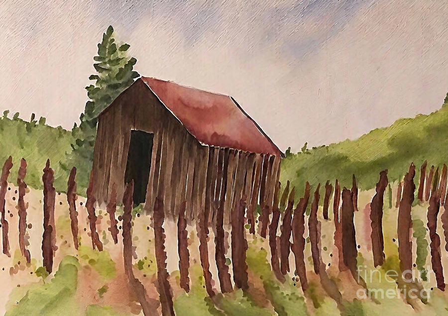 Fall Painting - Bud Break Painting vineyard watercolor barn spring buds art for  by N Akkash