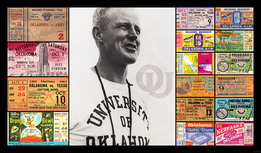 Bud Wilkinson Oklahoma Football Ticket Collage Mixed Media by Row One Brand