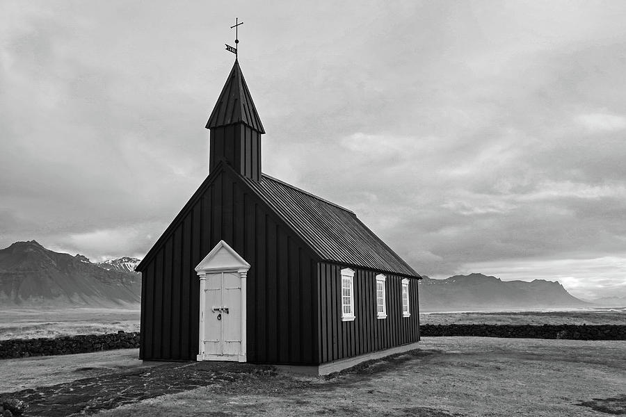 Budakirkja Black Church Budir Iceland Black and White Photograph by Toby McGuire