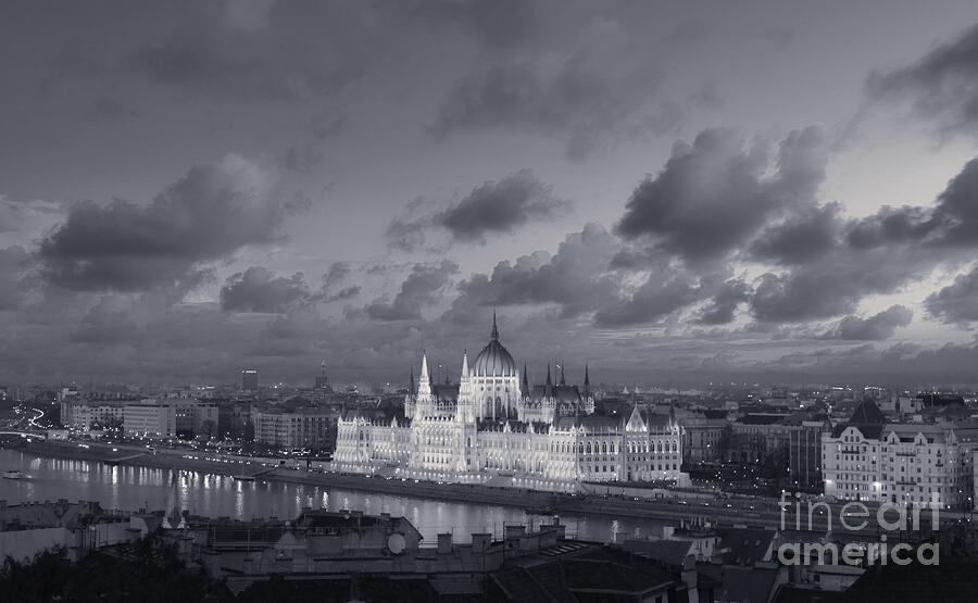 Boat Photograph - Budapest Panorama BW - Parliament On Danube River by Stefano Senise