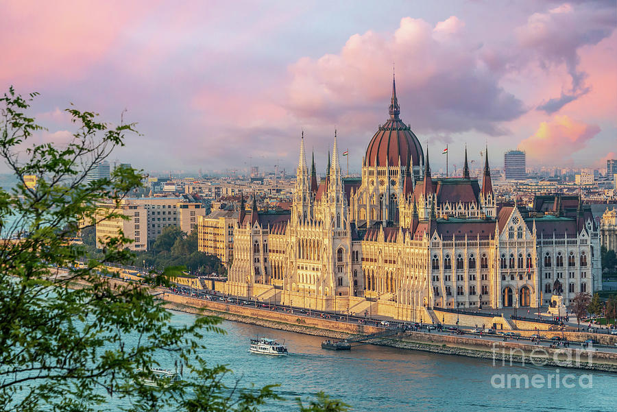 Sunset Photograph - Budapest parliament at sunset by Delphimages Photo Creations
