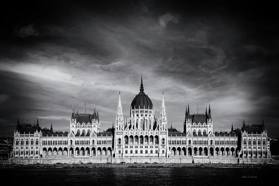 Budapest Parliament Front View on Danube in Black and White Photograph by Andreea Eva Herczegh