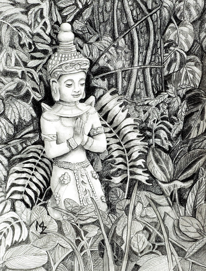 Buddha in the Garden Drawing by Margaret Zabor