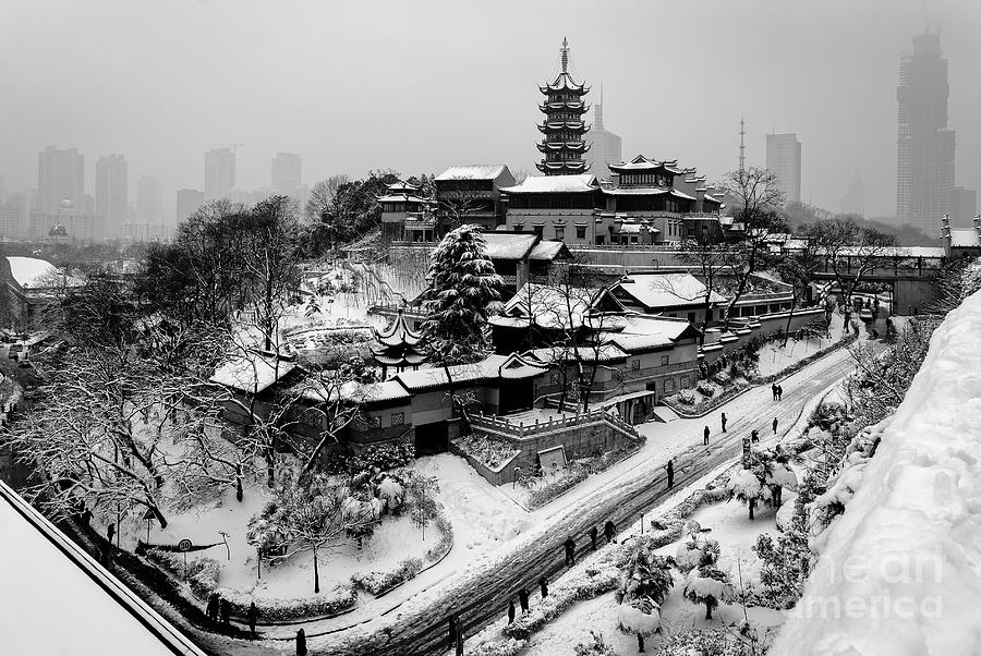 Winter Photograph - Buddha - Jiming Temple in the Snow - Black-and-White version  by Dean Harte