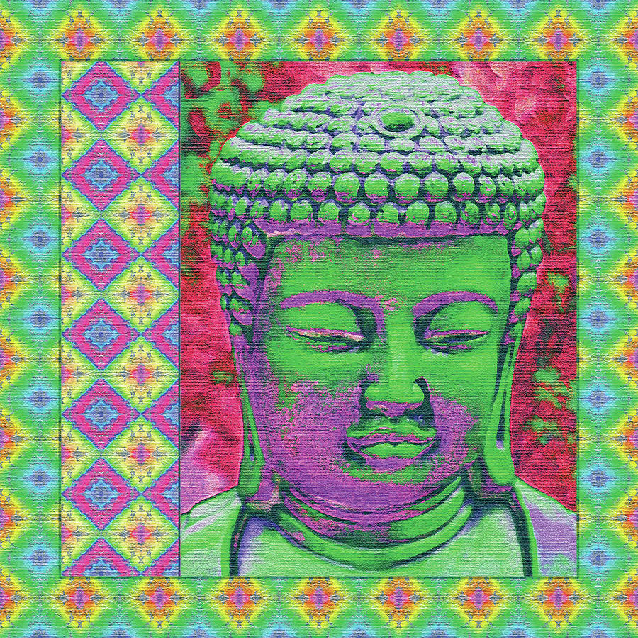 Buddha Pop in Green and Purple Digital Art by Sheryl Karas