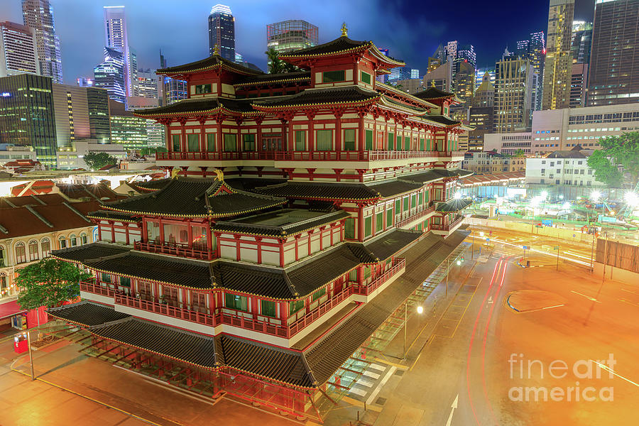 Buddha Tooth Relic Temple by night Digital Art by Benny Marty