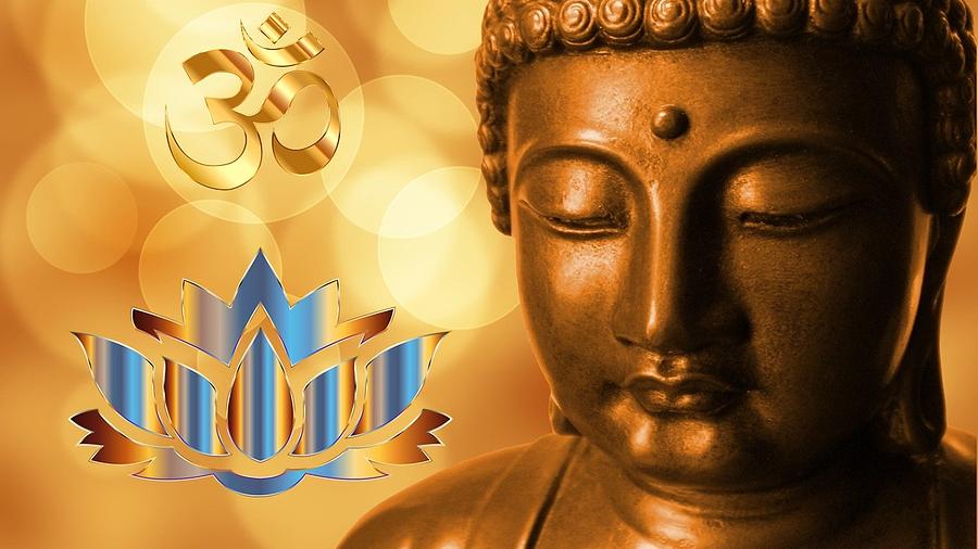 Buddha with Lotus and Ohm  Symbols Mixed Media by Nancy Ayanna Wyatt