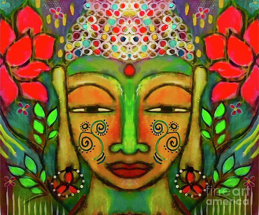 Buddha with red irises  Painting by Corina Stupu Thomas