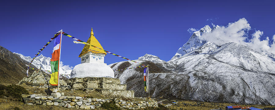 Buddhist prayer flags stupa shrine high in Himalayan mountains Nepal Photograph by fotoVoyager