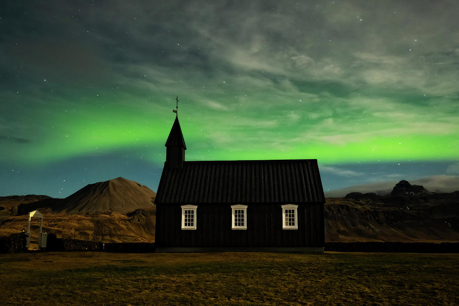 Budir Black Church and the Northern Lights Photograph by Catherine Reading
