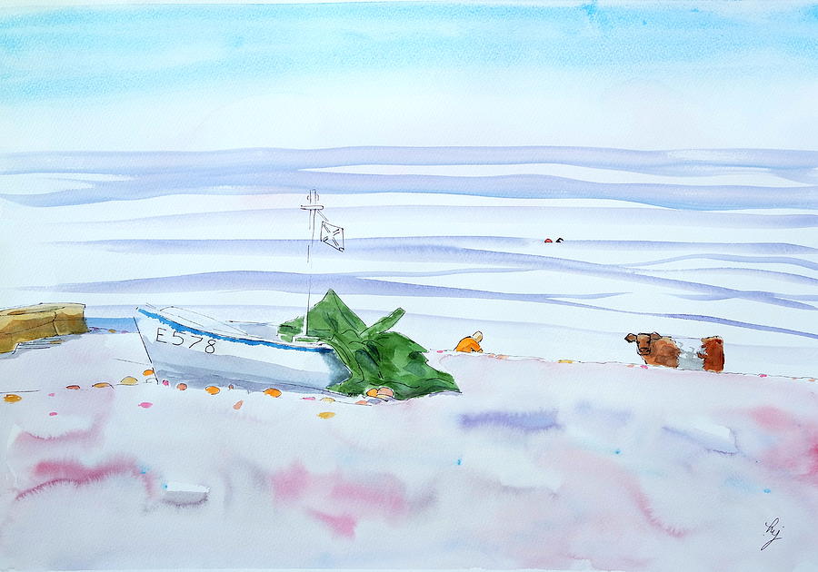 Budleigh beach boats and belted galloway watercolor painting Painting by Mike Jory