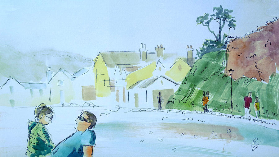 Budleigh Salterton beach view of town drawing Drawing by Mike Jory