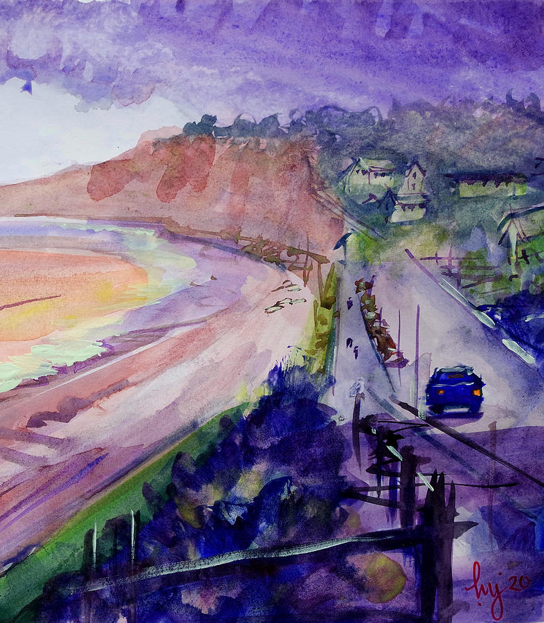 Budleigh Salterton seafront in winter watercolour painting Painting by Mike Jory