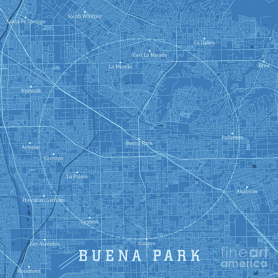 Anaheim Digital Art - Buena Park CA City Vector Road Map Blue Text by Frank Ramspott