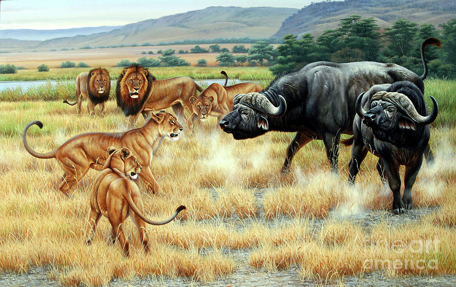 Buffalo And Lions Painting by Cynthie Fisher